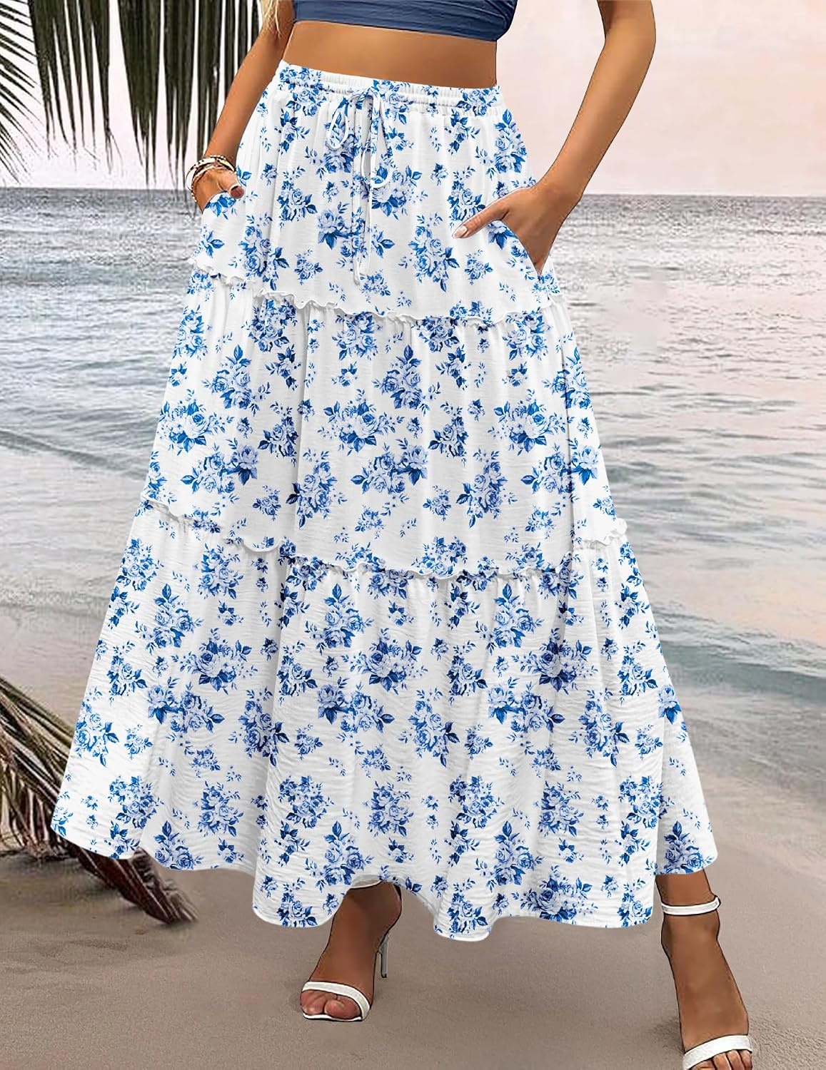 image:imageZeagoo Womens Casual Maxi Skirts for Women 2026 High Waist Boho Skirts Floral Printed Long Flowy Skirt with PocketsWhitefloral Printed
