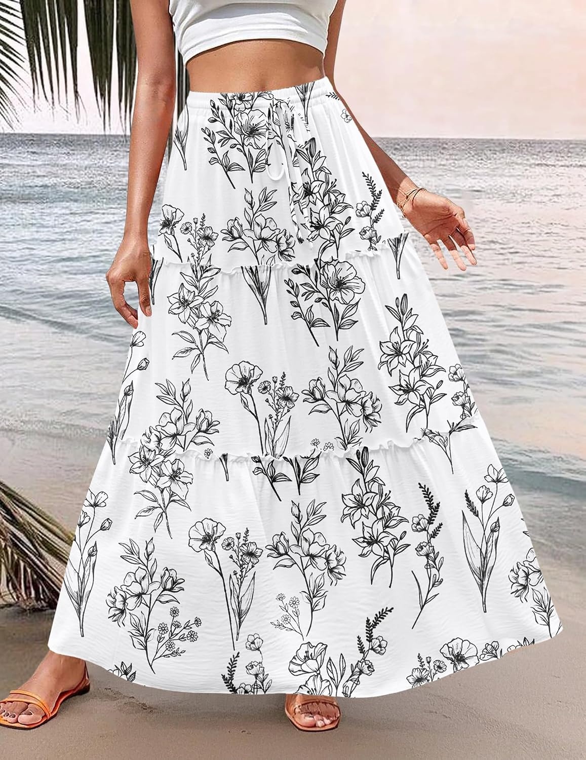 image:imageZeagoo Womens Casual Maxi Skirts for Women 2026 High Waist Boho Skirts Floral Printed Long Flowy Skirt with PocketsWhiteprinted01
