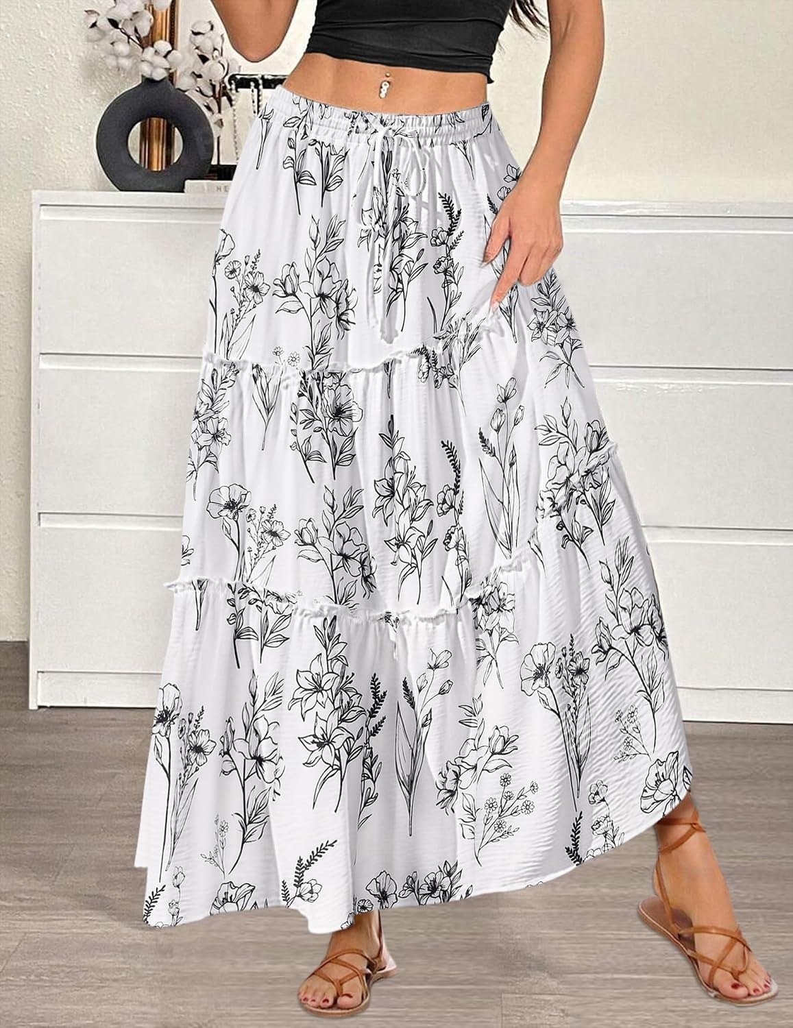 image:imageZeagoo Womens Casual Maxi Skirts for Women 2026 High Waist Boho Skirts Floral Printed Long Flowy Skirt with PocketsWhiteprinted01