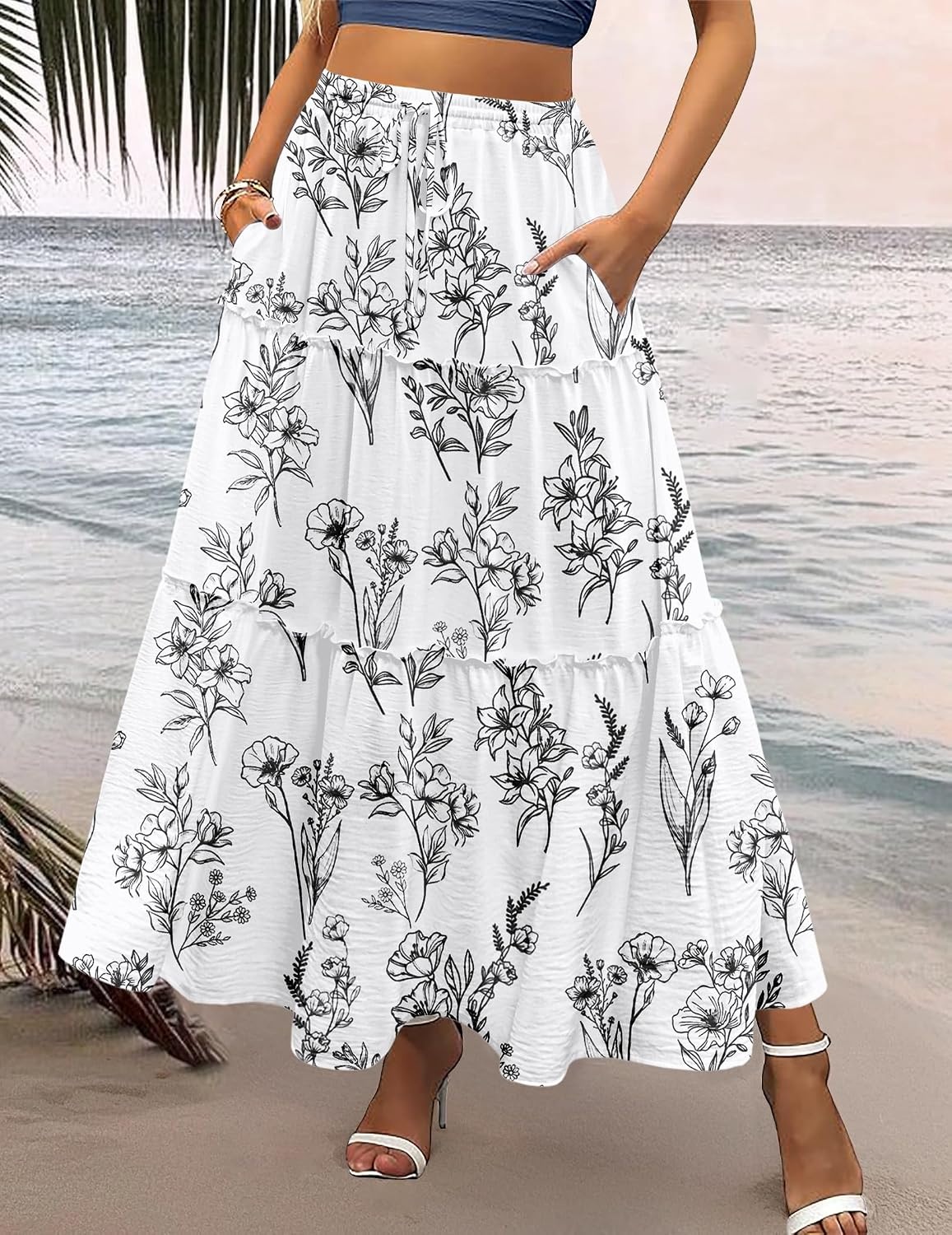 image:imageZeagoo Womens Casual Maxi Skirts for Women 2026 High Waist Boho Skirts Floral Printed Long Flowy Skirt with PocketsWhiteprinted01