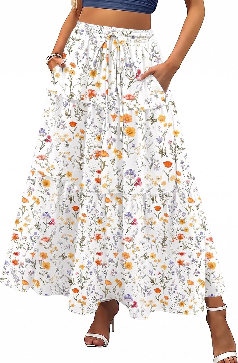 image:imageZeagoo Womens Casual Maxi Skirts for Women 2026 High Waist Boho Skirts Floral Printed Long Flowy Skirt with PocketsXh403