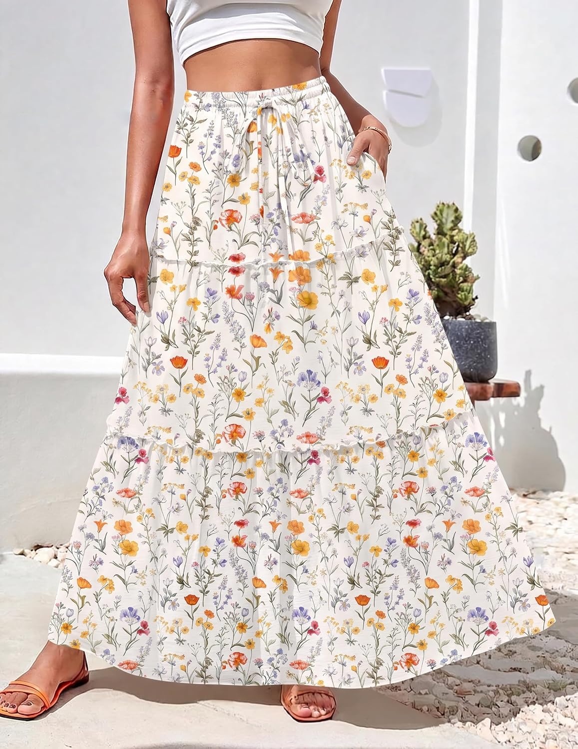 image:imageZeagoo Womens Casual Maxi Skirts for Women 2026 High Waist Boho Skirts Floral Printed Long Flowy Skirt with PocketsXh403