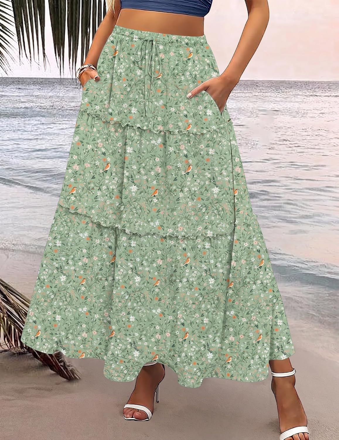 image:imageZeagoo Womens Casual Maxi Skirts for Women 2026 High Waist Boho Skirts Floral Printed Long Flowy Skirt with PocketsXh534