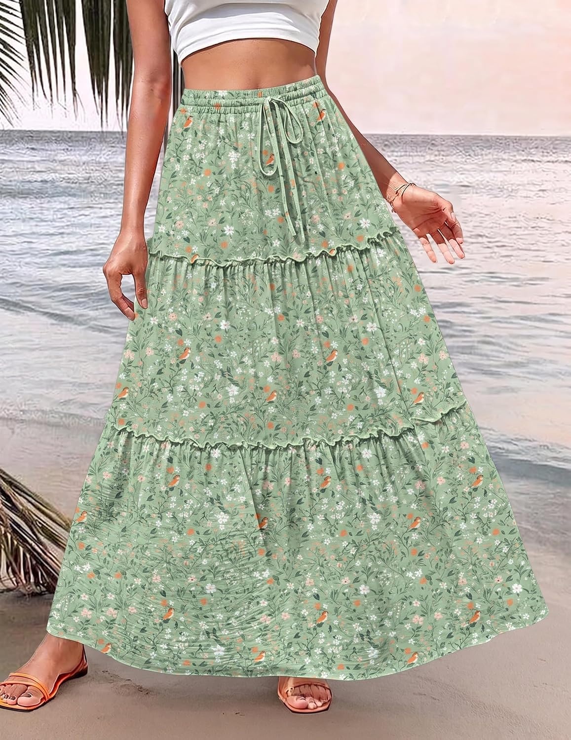 image:imageZeagoo Womens Casual Maxi Skirts for Women 2026 High Waist Boho Skirts Floral Printed Long Flowy Skirt with PocketsXh534