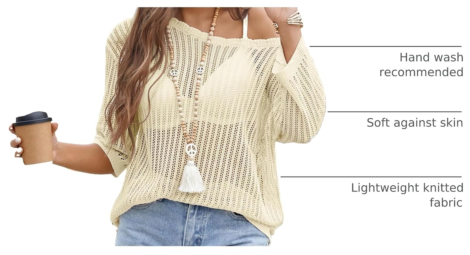 image:imageZeagoo Womens Crochet Tops 34 Sleeve Summer Sweaters Hollow Out Knit TopsApricot