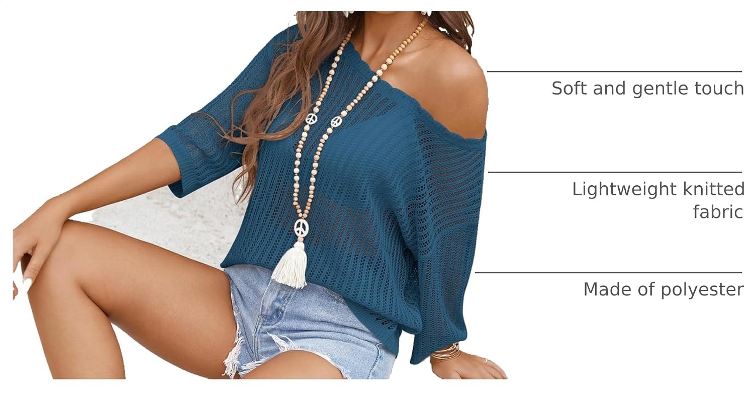 image:imageZeagoo Womens Crochet Tops 34 Sleeve Summer Sweaters Hollow Out Knit TopsCyan