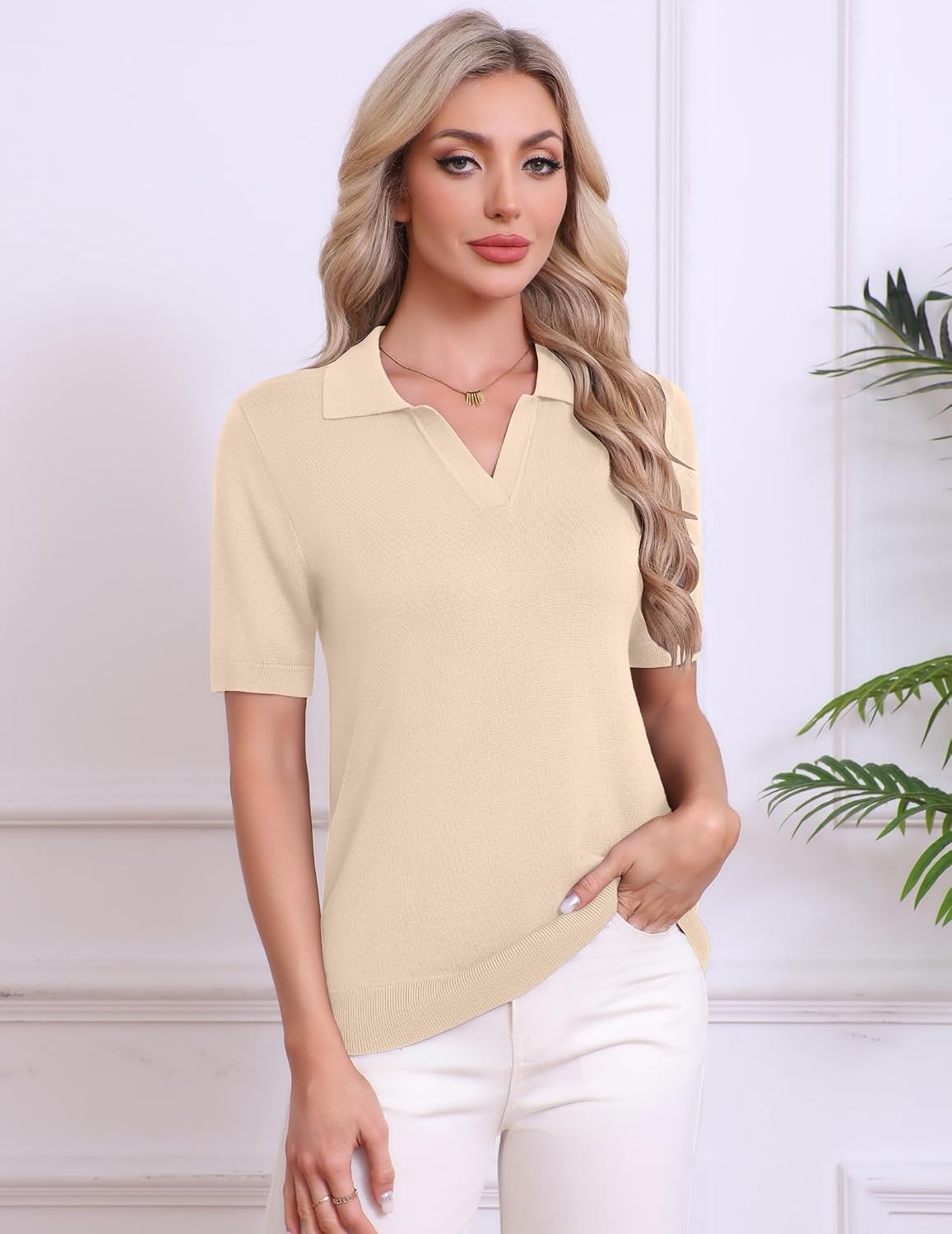 image:imageZeagoo Womens Polo Sweater Short Sleeve V Neck Knitted Business Casual Office Tops Spring PulloverBeige