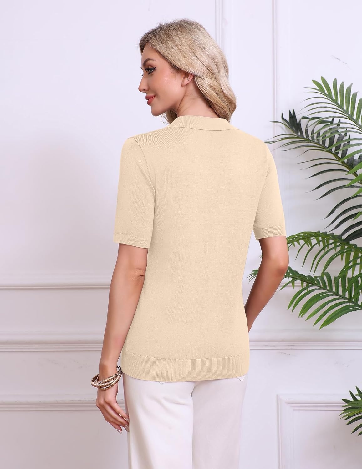 image:imageZeagoo Womens Polo Sweater Short Sleeve V Neck Knitted Business Casual Office Tops Spring PulloverBeige