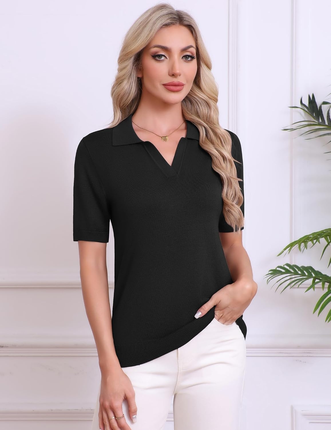 image:imageZeagoo Womens Polo Sweater Short Sleeve V Neck Knitted Business Casual Office Tops Spring PulloverBlack