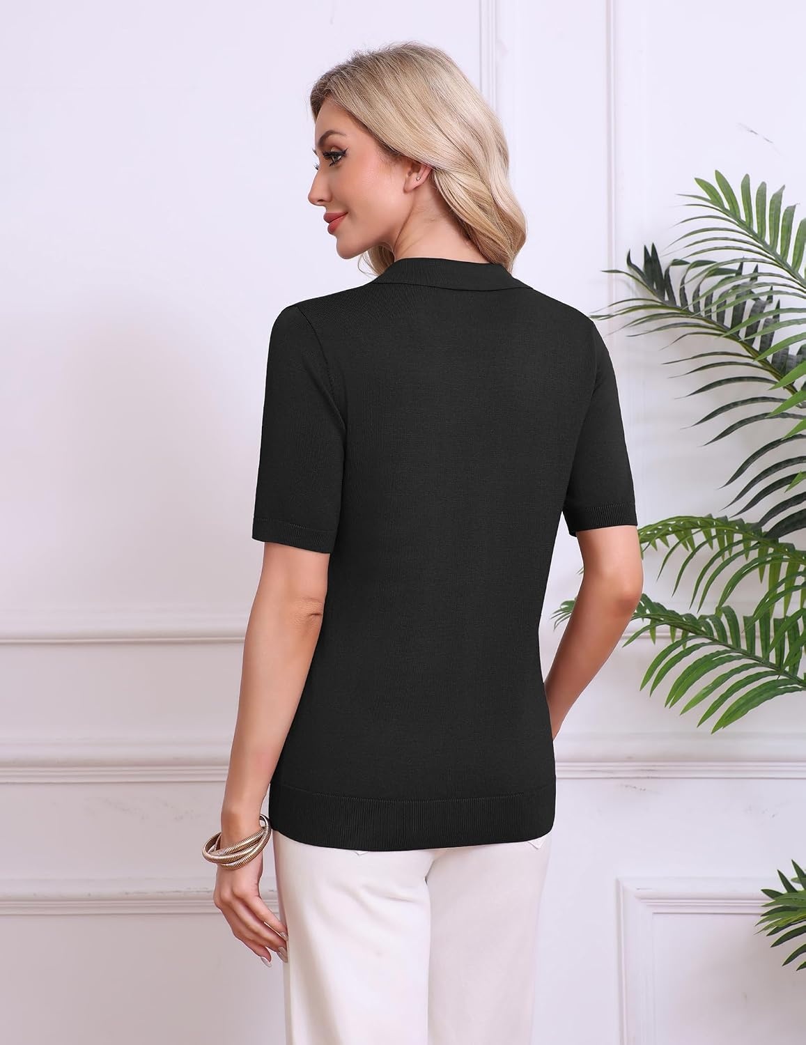 image:imageZeagoo Womens Polo Sweater Short Sleeve V Neck Knitted Business Casual Office Tops Spring PulloverBlack