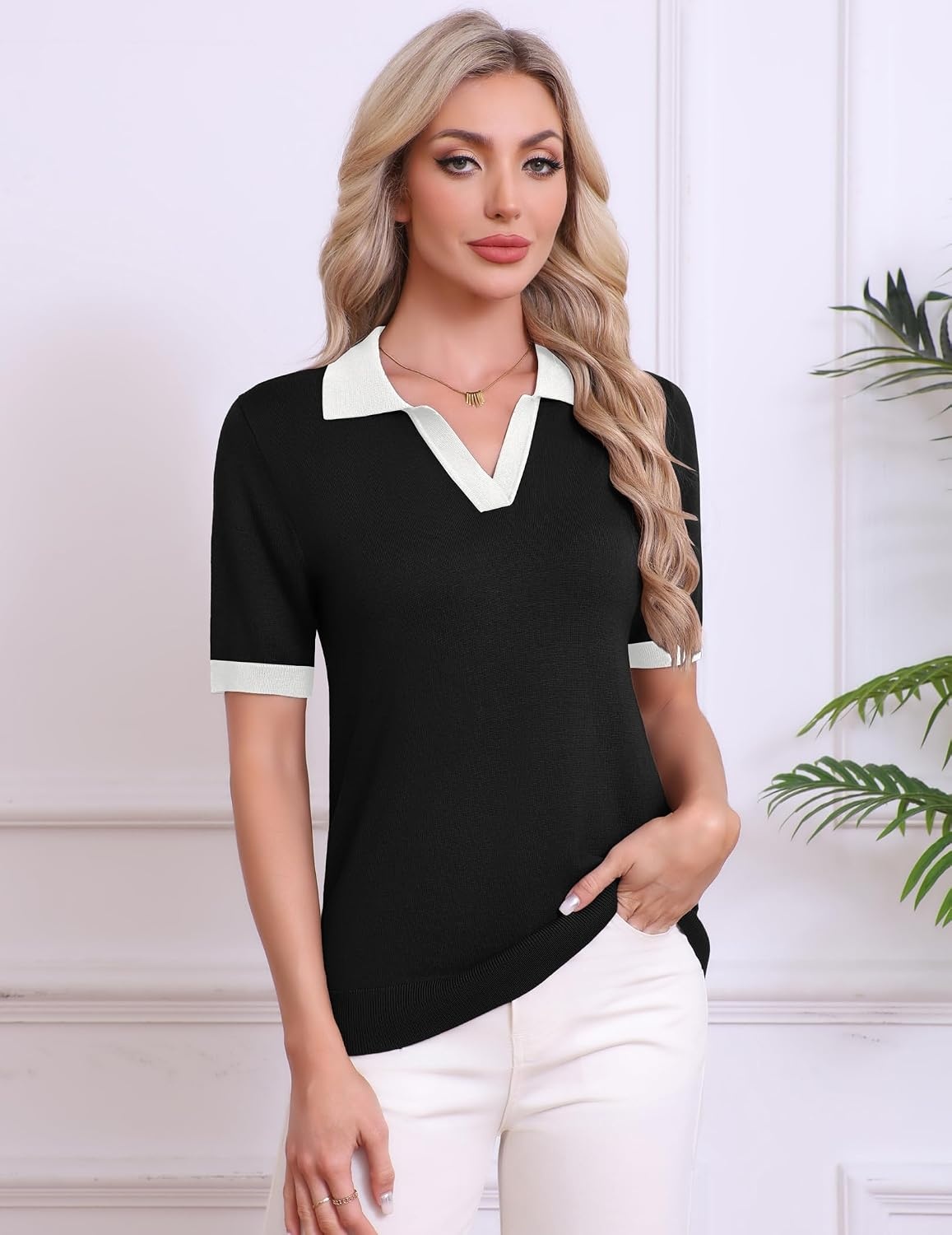 image:imageZeagoo Womens Polo Sweater Short Sleeve V Neck Knitted Business Casual Office Tops Spring PulloverBlack White