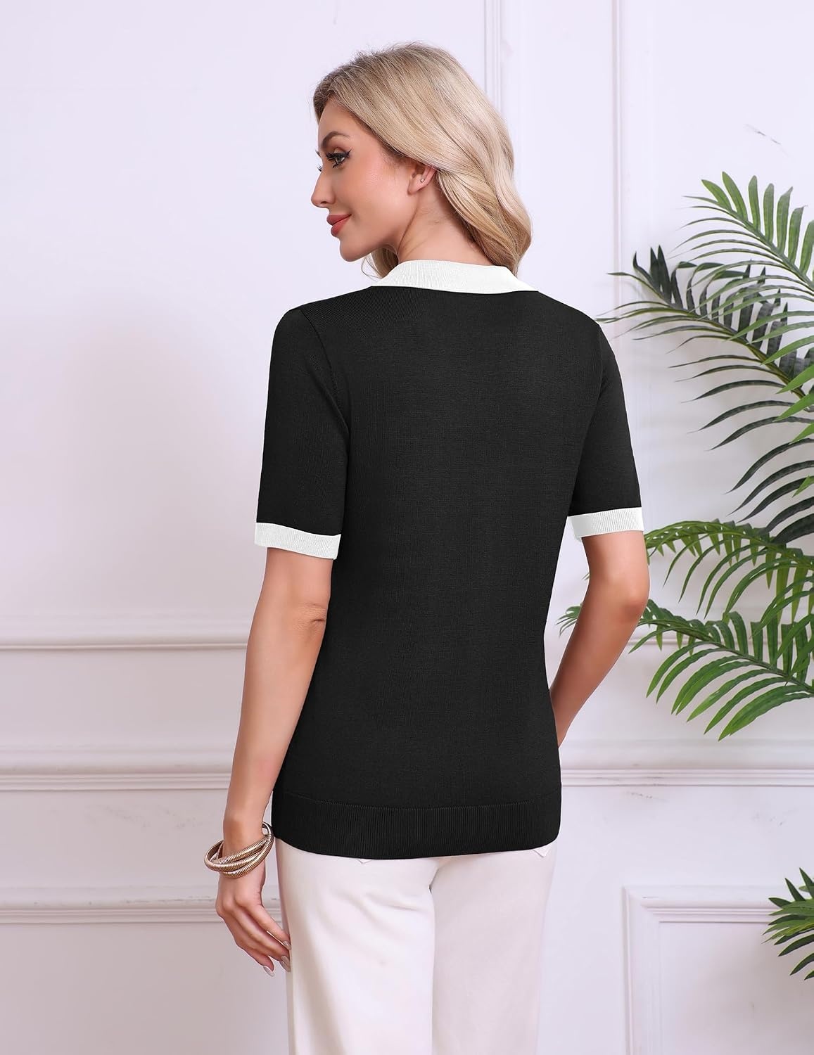 image:imageZeagoo Womens Polo Sweater Short Sleeve V Neck Knitted Business Casual Office Tops Spring PulloverBlack White