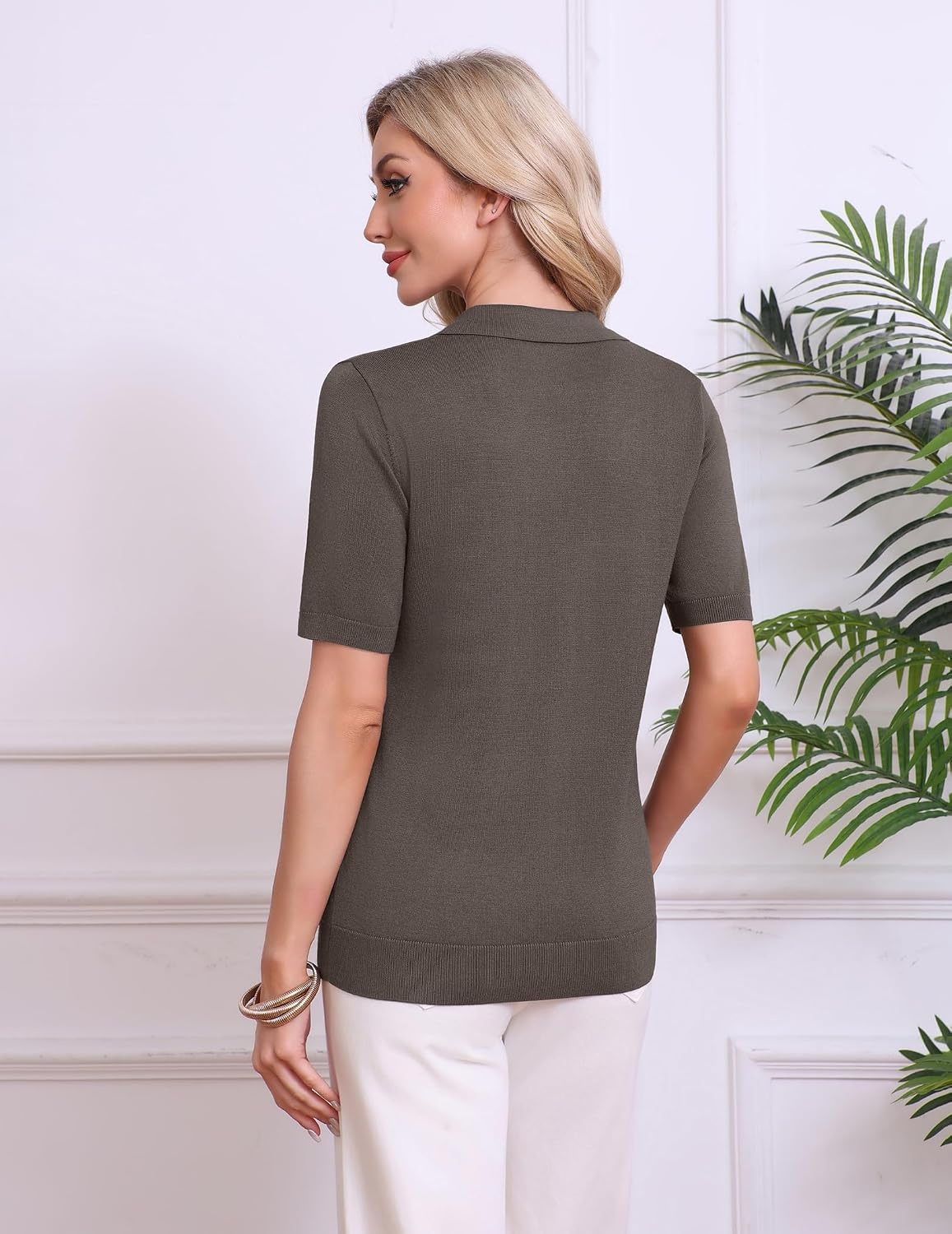 image:imageZeagoo Womens Polo Sweater Short Sleeve V Neck Knitted Business Casual Office Tops Spring PulloverBrown