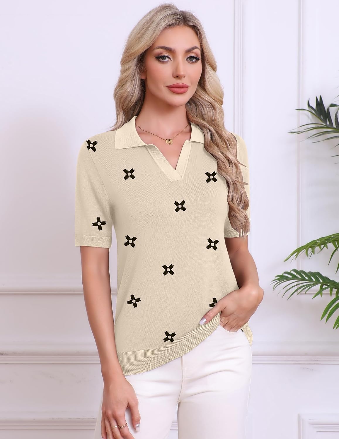 image:imageZeagoo Womens Polo Sweater Short Sleeve V Neck Knitted Business Casual Office Tops Spring PulloverFloral Apricot
