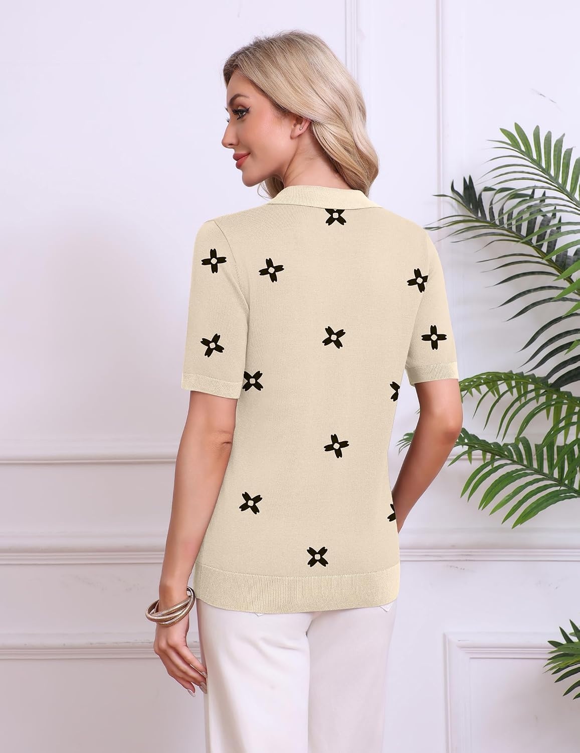 image:imageZeagoo Womens Polo Sweater Short Sleeve V Neck Knitted Business Casual Office Tops Spring PulloverFloral Apricot