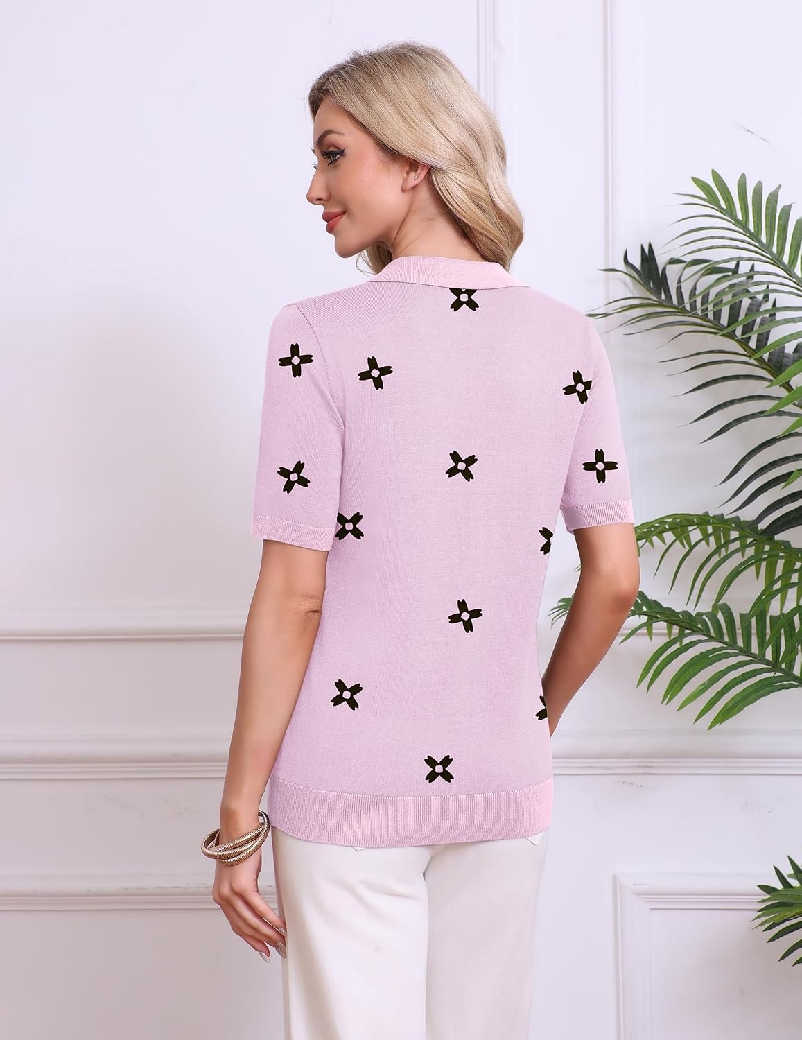image:imageZeagoo Womens Polo Sweater Short Sleeve V Neck Knitted Business Casual Office Tops Spring PulloverFloral Pink