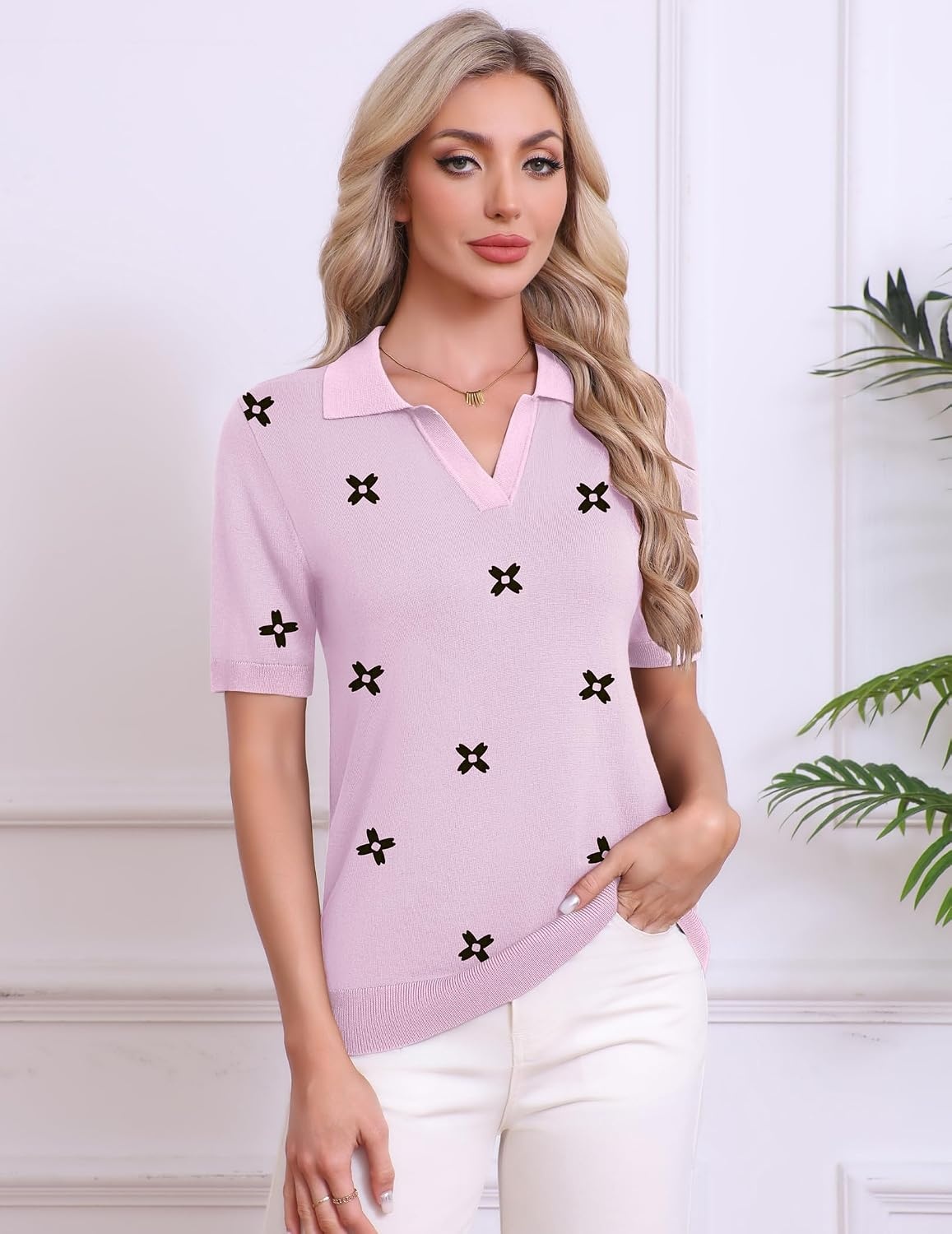 image:imageZeagoo Womens Polo Sweater Short Sleeve V Neck Knitted Business Casual Office Tops Spring PulloverFloral Pink