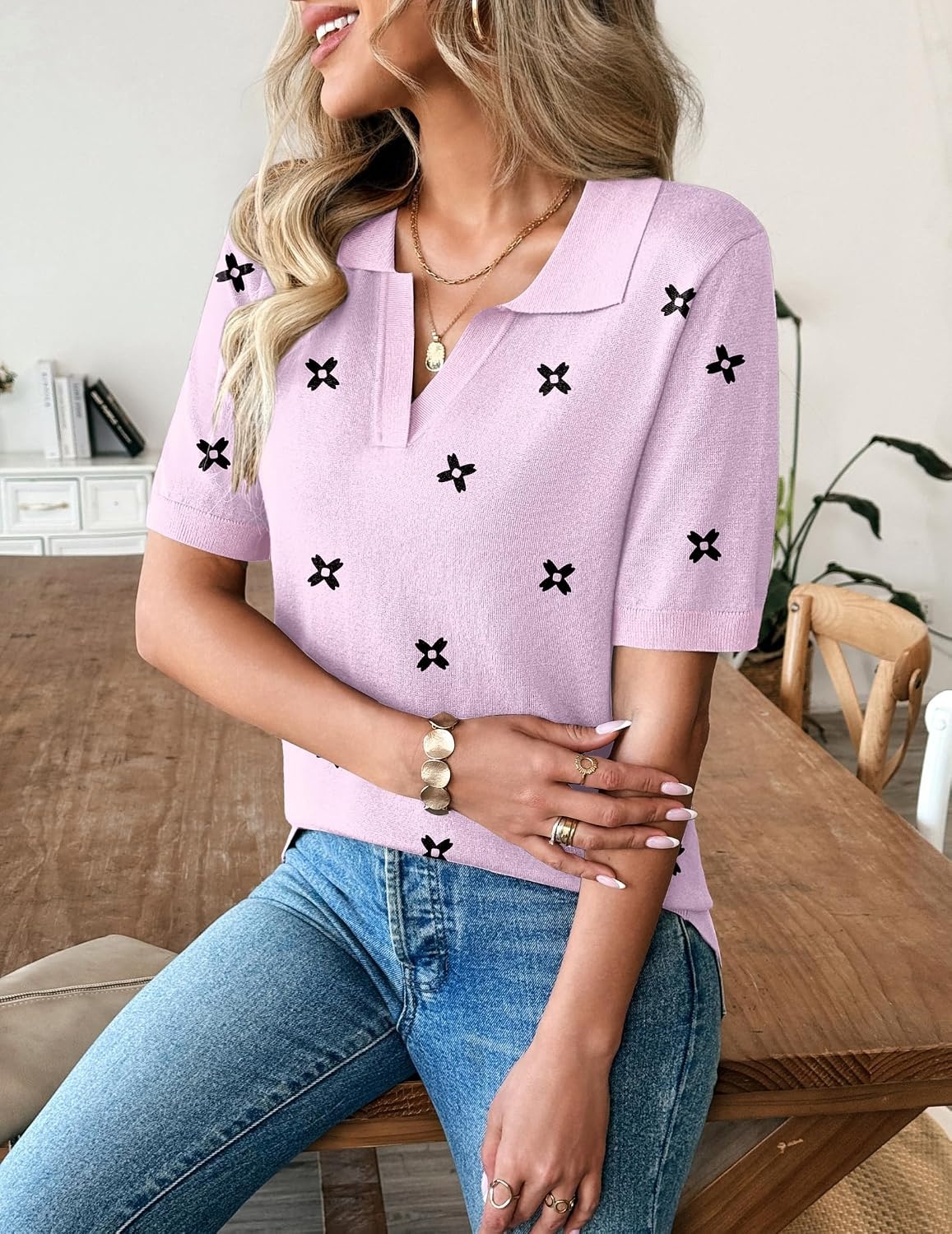 image:imageZeagoo Womens Polo Sweater Short Sleeve V Neck Knitted Business Casual Office Tops Spring PulloverFloral Pink