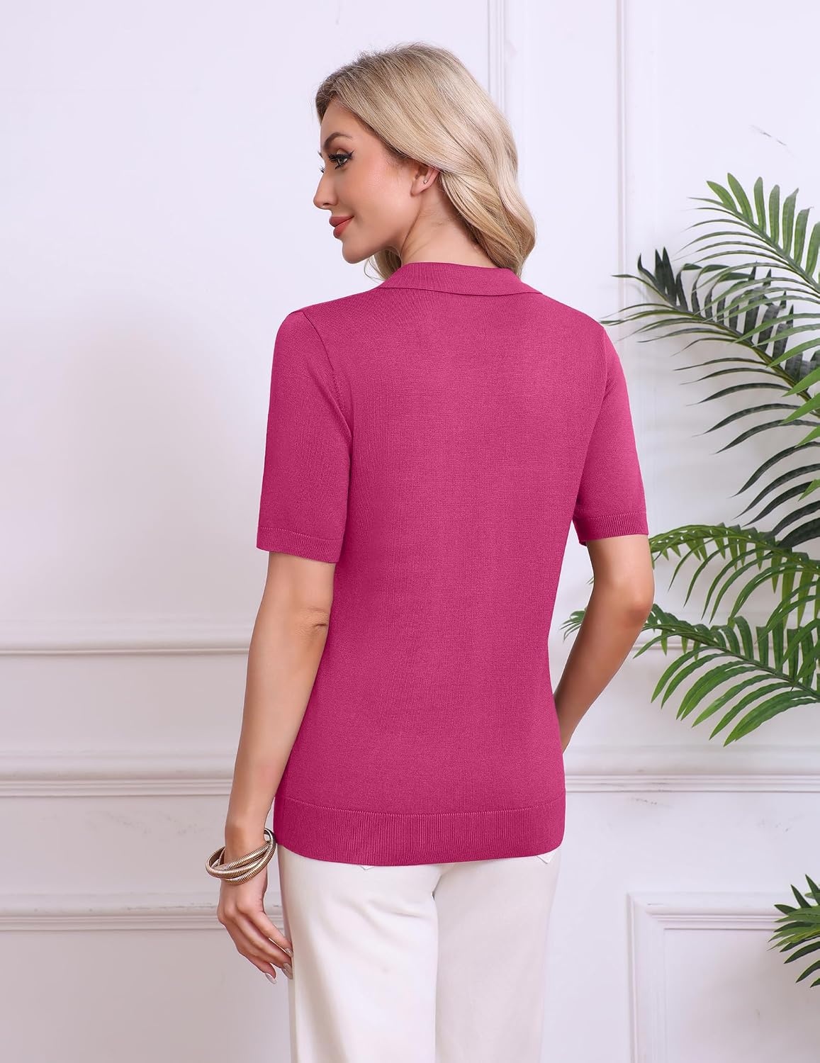 image:imageZeagoo Womens Polo Sweater Short Sleeve V Neck Knitted Business Casual Office Tops Spring PulloverHot Pink
