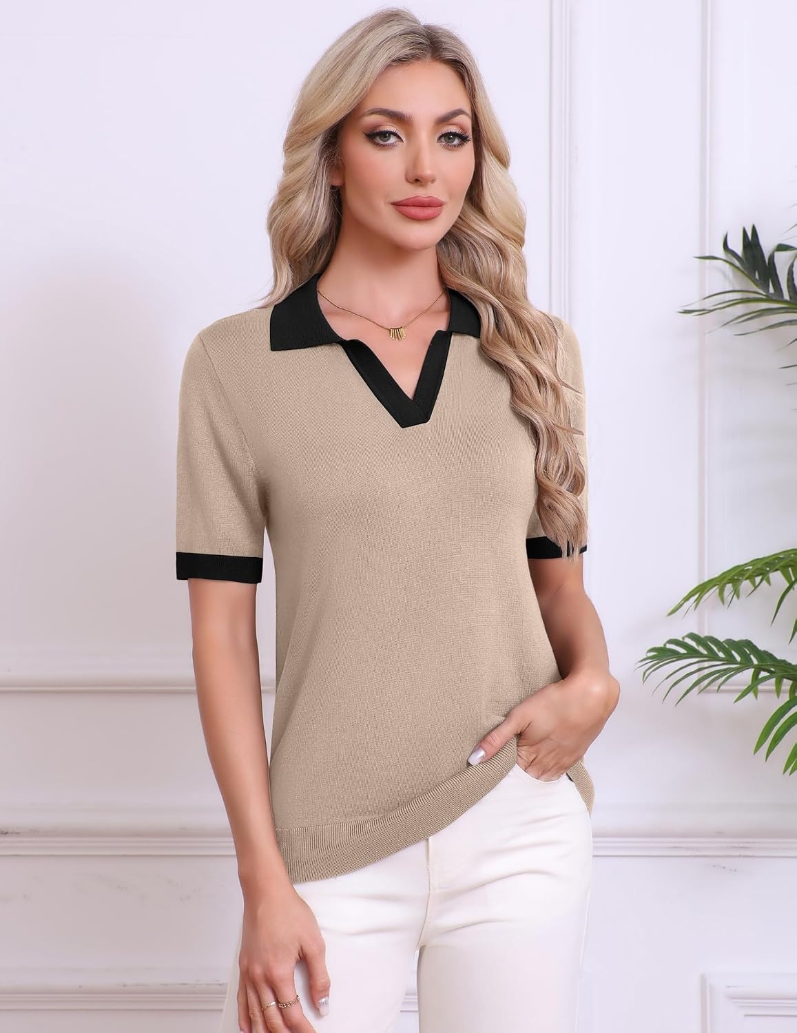 image:imageZeagoo Womens Polo Sweater Short Sleeve V Neck Knitted Business Casual Office Tops Spring PulloverKhaki Black