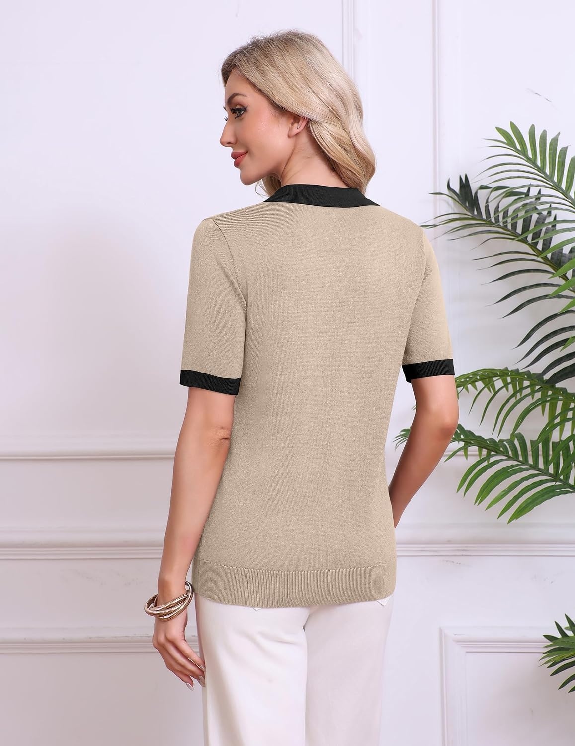 image:imageZeagoo Womens Polo Sweater Short Sleeve V Neck Knitted Business Casual Office Tops Spring PulloverKhaki Black