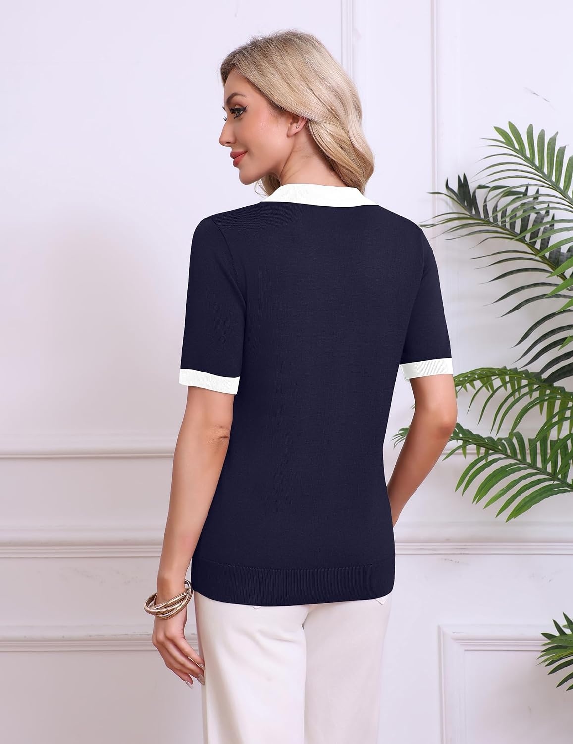 image:imageZeagoo Womens Polo Sweater Short Sleeve V Neck Knitted Business Casual Office Tops Spring PulloverNavy White