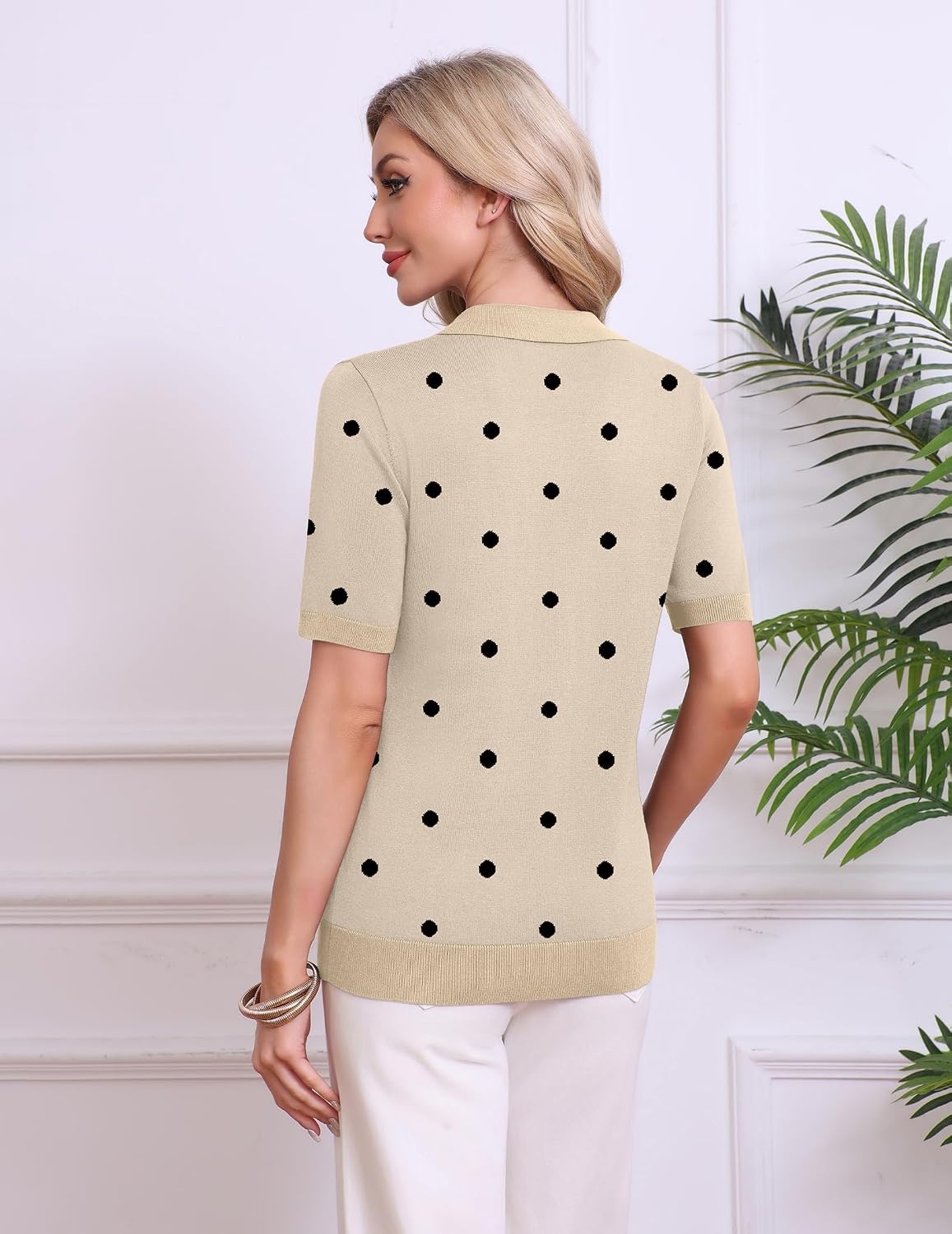image:imageZeagoo Womens Polo Sweater Short Sleeve V Neck Knitted Business Casual Office Tops Spring PulloverPolka Dot Apricot