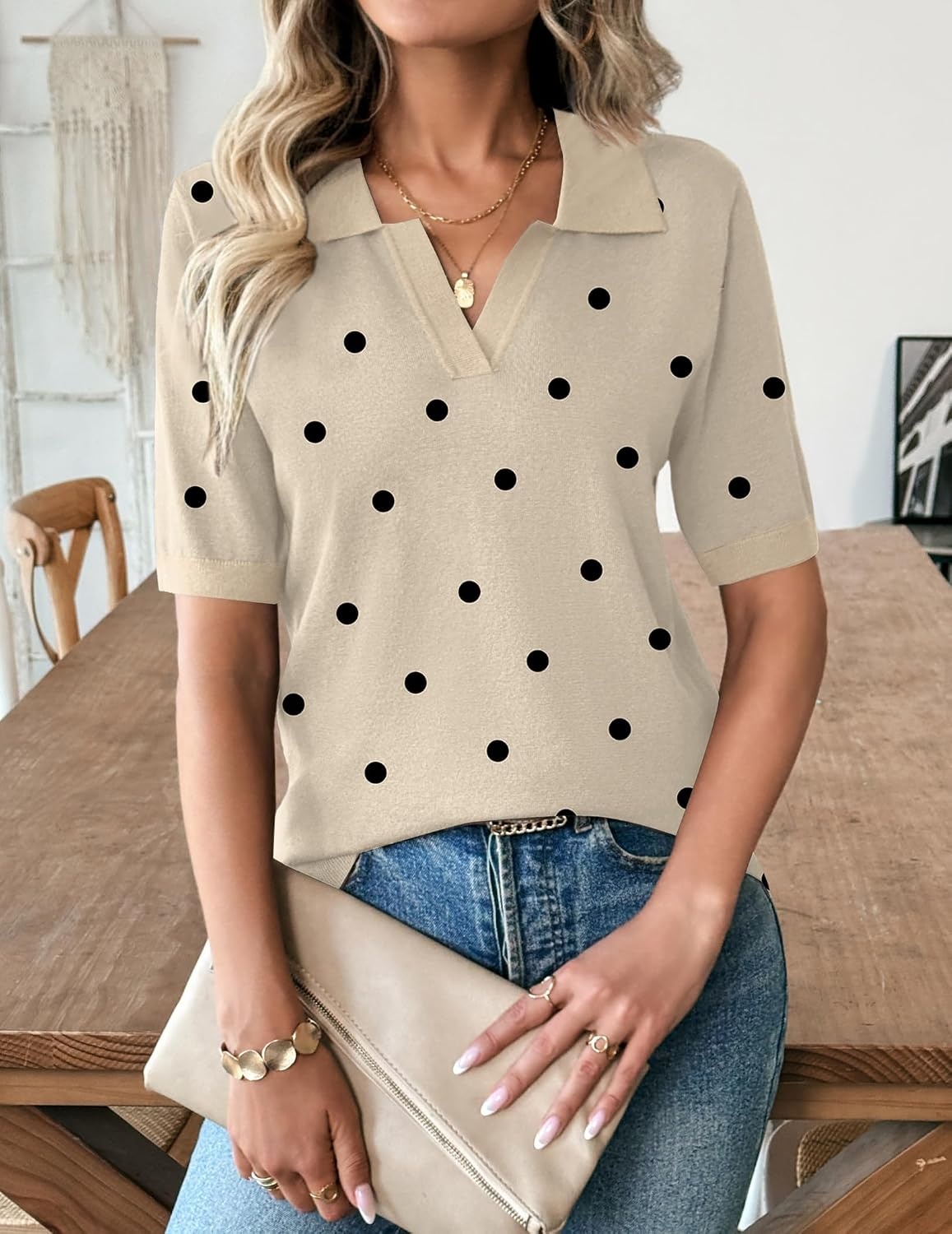 image:imageZeagoo Womens Polo Sweater Short Sleeve V Neck Knitted Business Casual Office Tops Spring PulloverPolka Dot Apricot