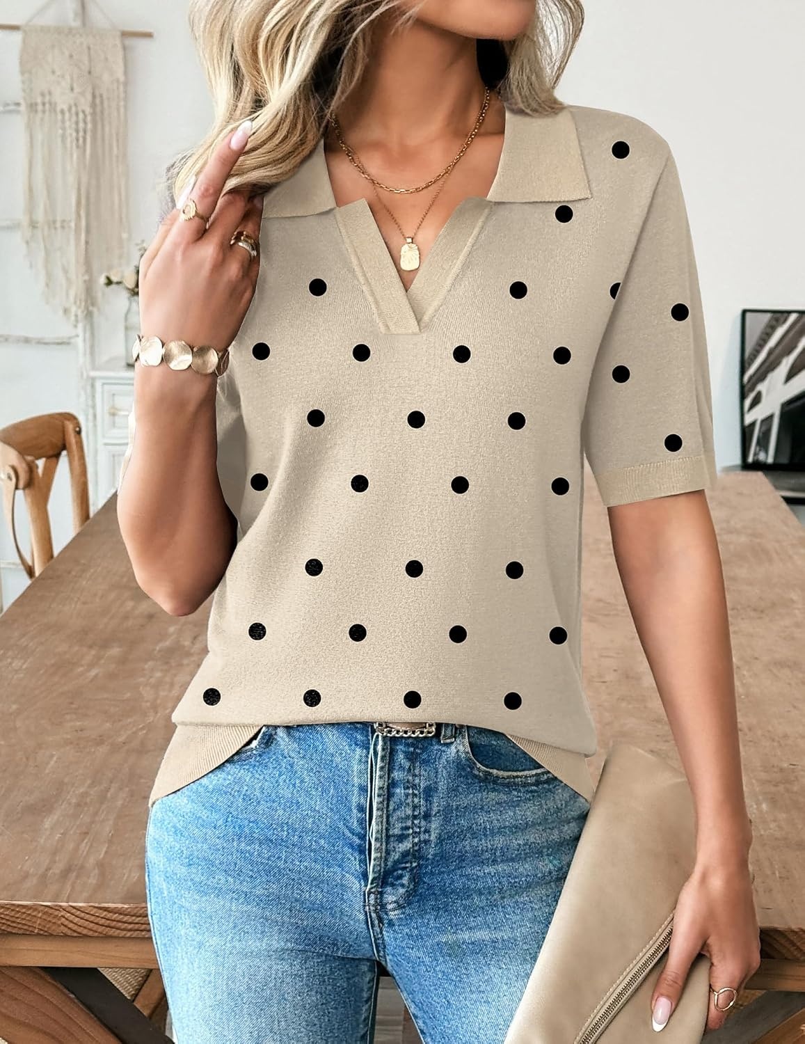 image:imageZeagoo Womens Polo Sweater Short Sleeve V Neck Knitted Business Casual Office Tops Spring PulloverPolka Dot Apricot