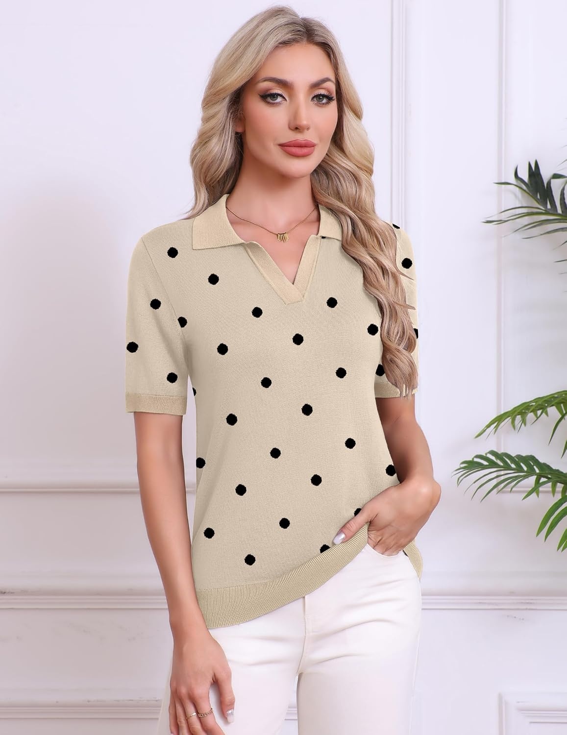 image:imageZeagoo Womens Polo Sweater Short Sleeve V Neck Knitted Business Casual Office Tops Spring PulloverPolka Dot Apricot