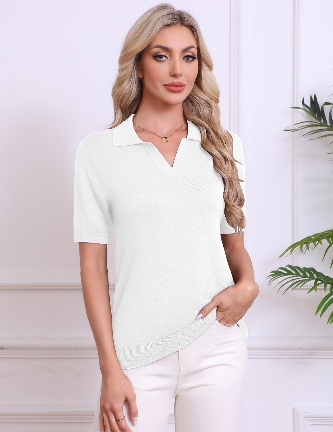 image:imageZeagoo Womens Polo Sweater Short Sleeve V Neck Knitted Business Casual Office Tops Spring PulloverWhite