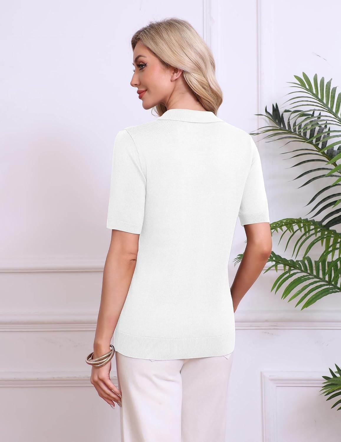 image:imageZeagoo Womens Polo Sweater Short Sleeve V Neck Knitted Business Casual Office Tops Spring PulloverWhite
