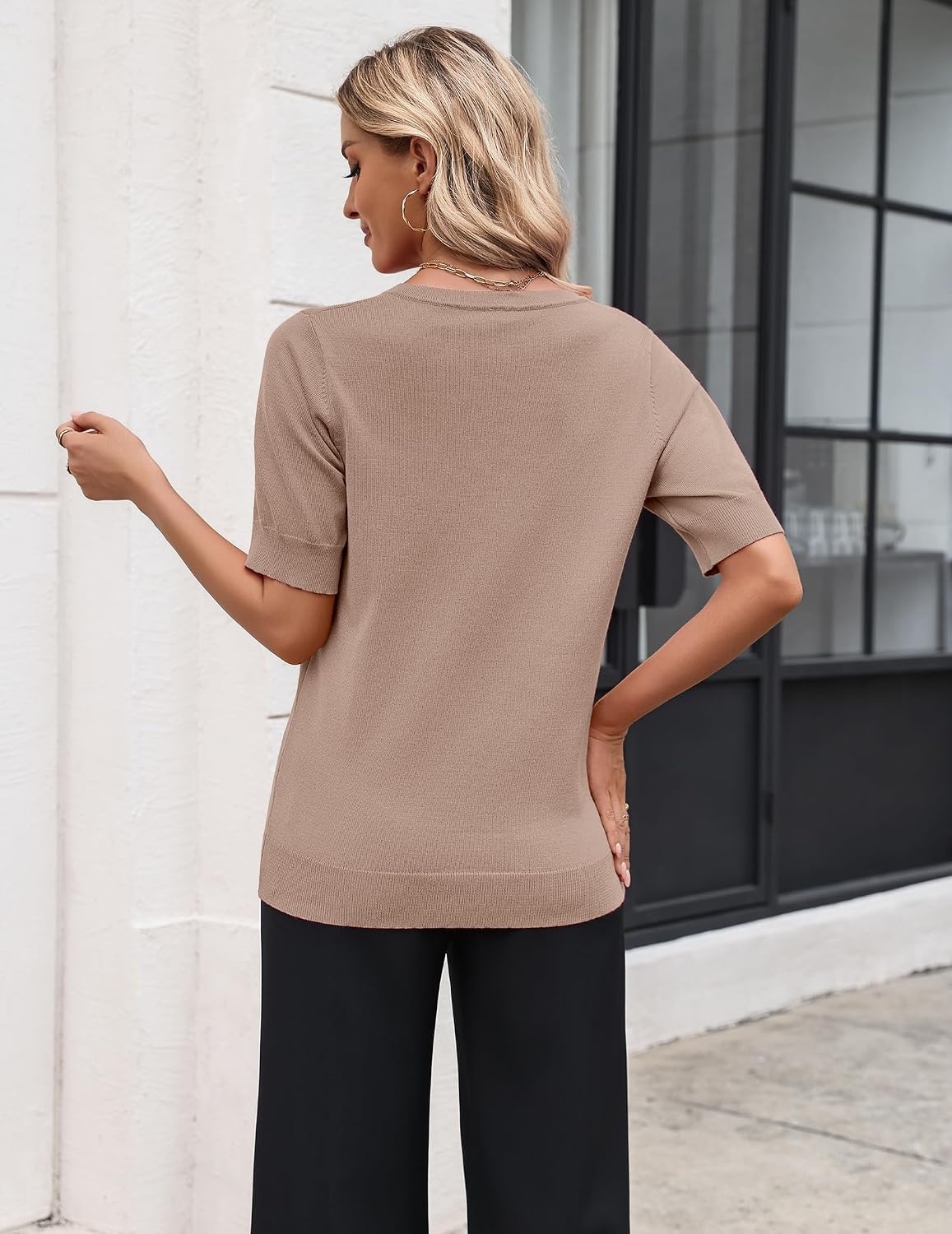 image:imageZeagoo Womens Short Sleeve Sweater 2026 Spring Summer Tops ClothesKhaki