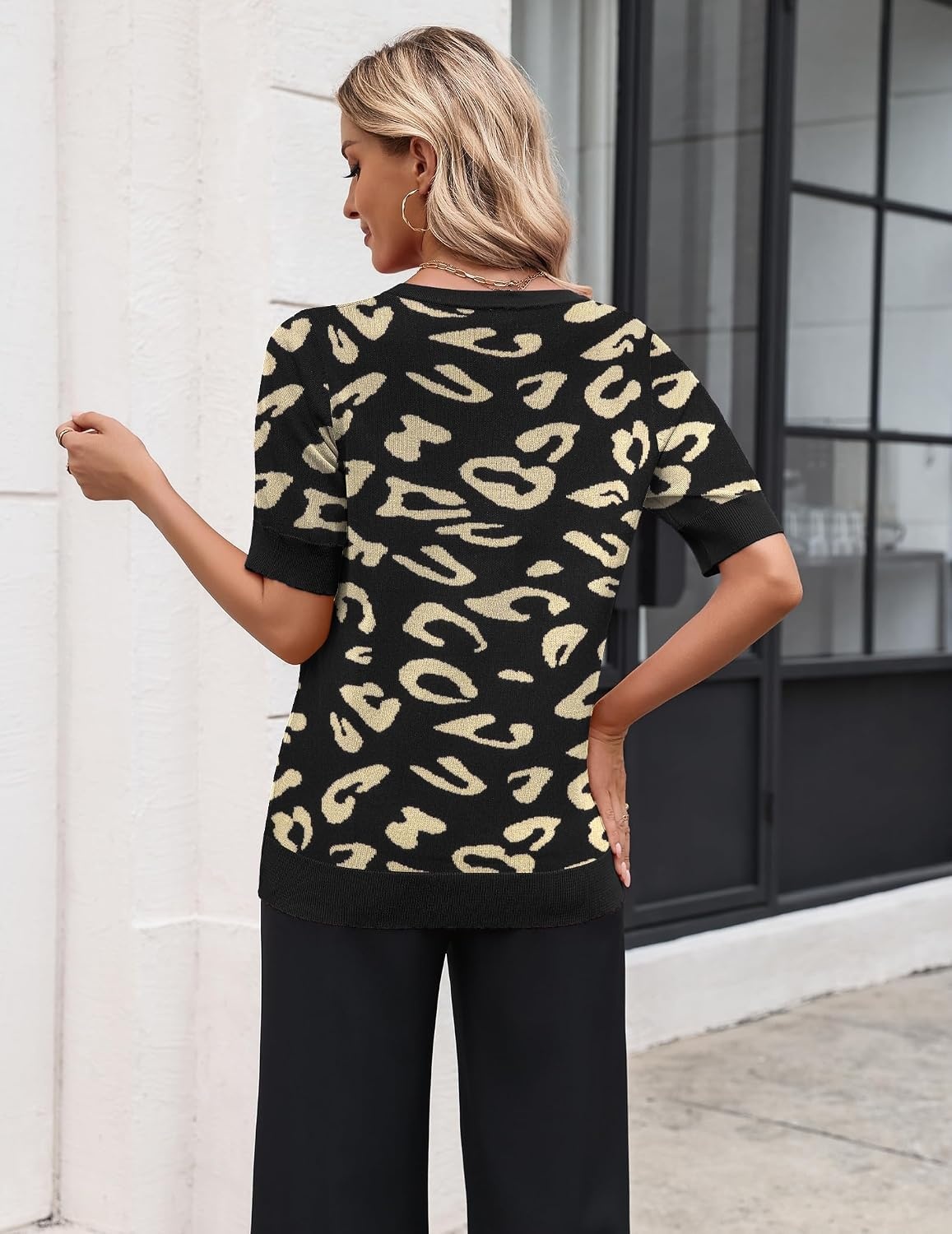 image:imageZeagoo Womens Short Sleeve Sweater 2026 Spring Summer Tops ClothesLeopard Print