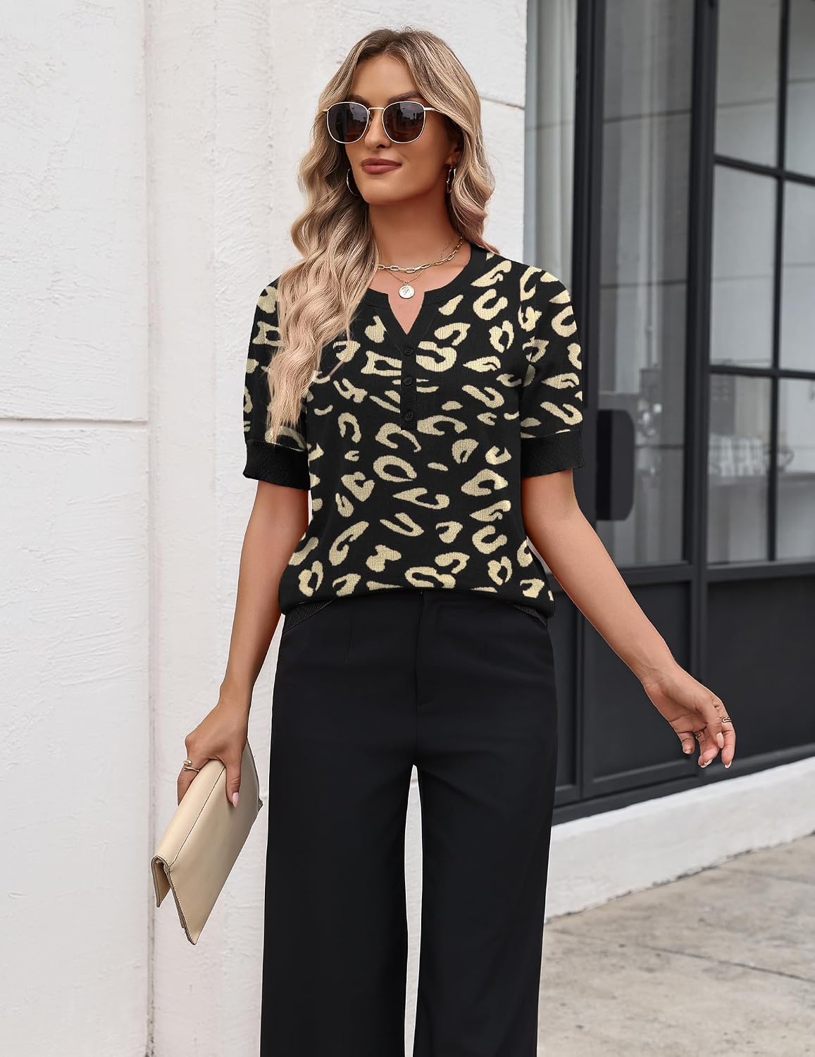 image:imageZeagoo Womens Short Sleeve Sweater 2026 Spring Summer Tops ClothesLeopard Print