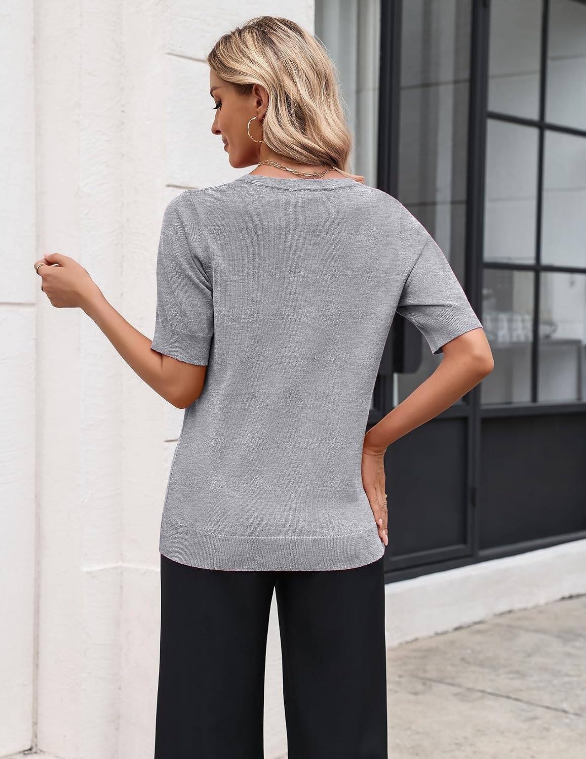 image:imageZeagoo Womens Short Sleeve Sweater 2026 Spring Summer Tops ClothesLight Grey