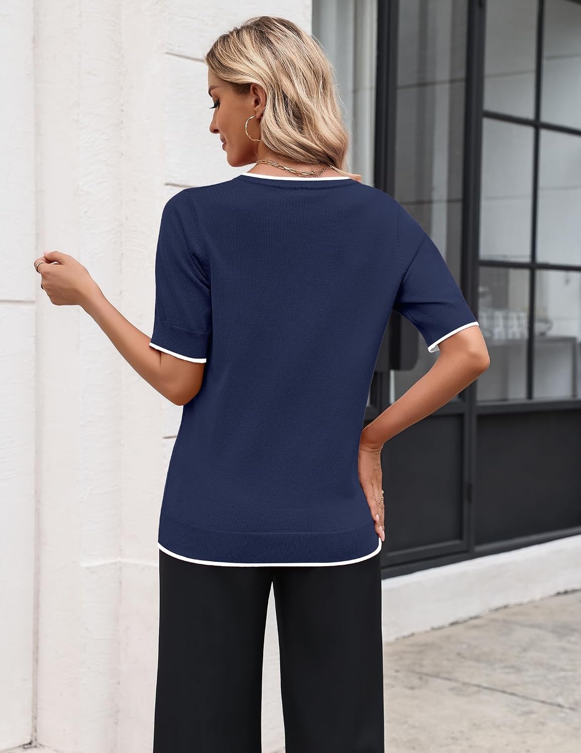 image:imageZeagoo Womens Short Sleeve Sweater 2026 Spring Summer Tops ClothesNavy Blue
