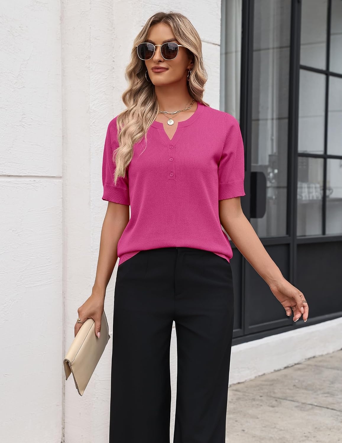 image:imageZeagoo Womens Short Sleeve Sweater 2026 Spring Summer Tops ClothesRose Red
