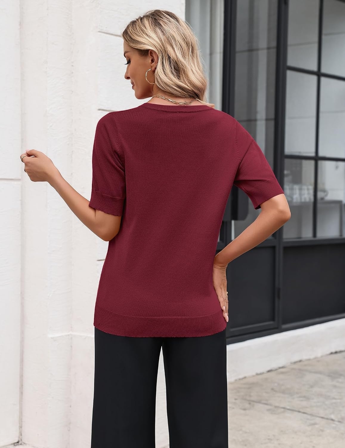 image:imageZeagoo Womens Short Sleeve Sweater 2026 Spring Summer Tops ClothesWine Red