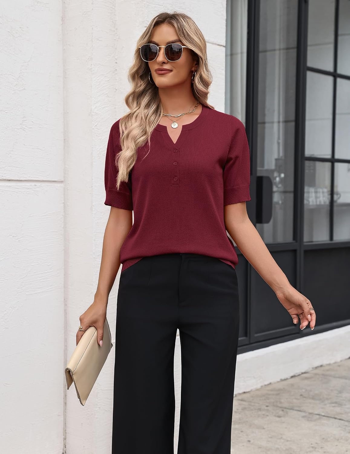 image:imageZeagoo Womens Short Sleeve Sweater 2026 Spring Summer Tops ClothesWine Red