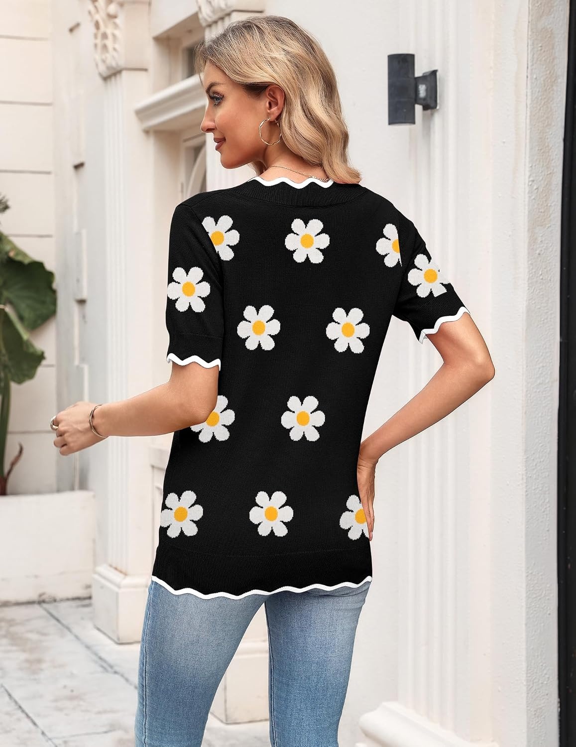 image:imageZeagoo Womens Short Sleeve Sweater 2026 Summer V Neck Tops Dressy BlousesAflower Black