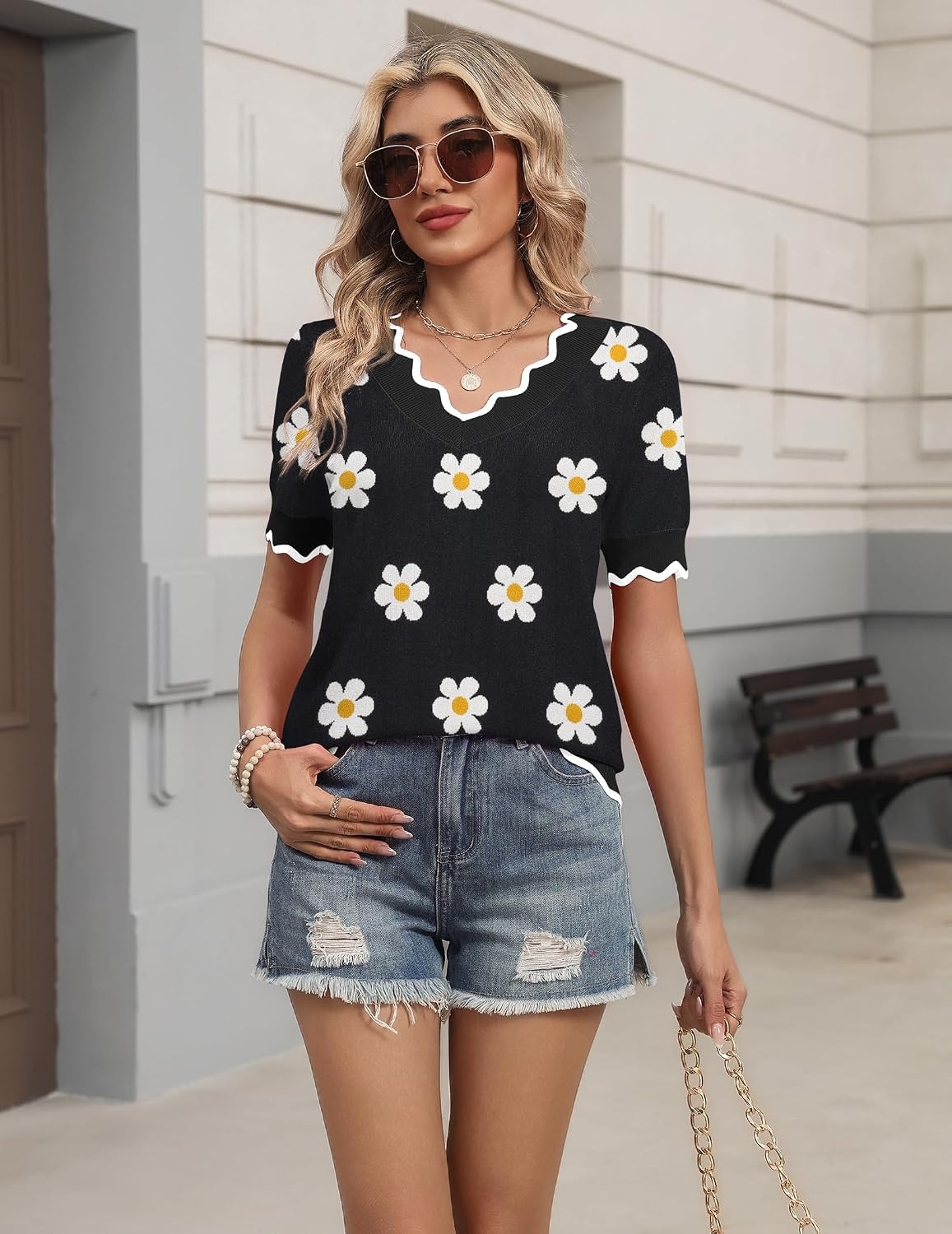 image:imageZeagoo Womens Short Sleeve Sweater 2026 Summer V Neck Tops Dressy BlousesAflower Black