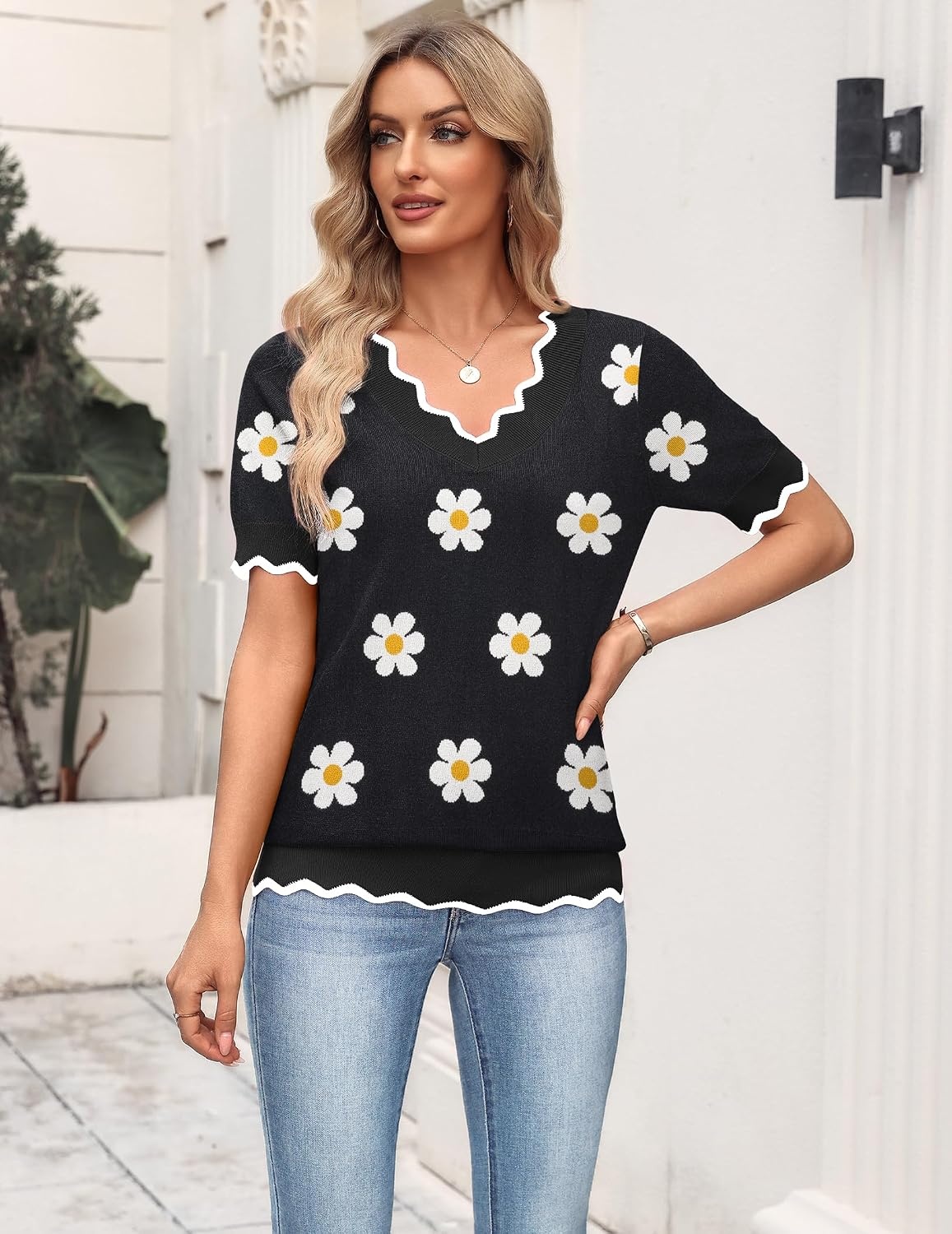 image:imageZeagoo Womens Short Sleeve Sweater 2026 Summer V Neck Tops Dressy BlousesAflower Black