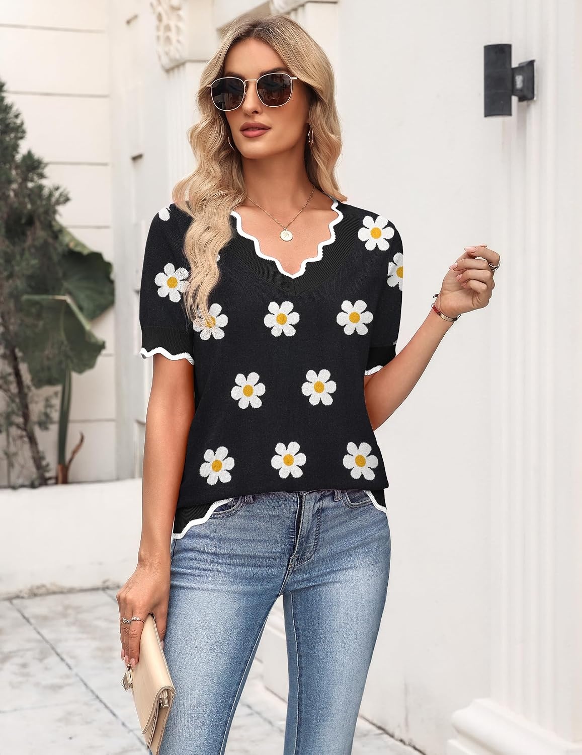 image:imageZeagoo Womens Short Sleeve Sweater 2026 Summer V Neck Tops Dressy BlousesAflower Black