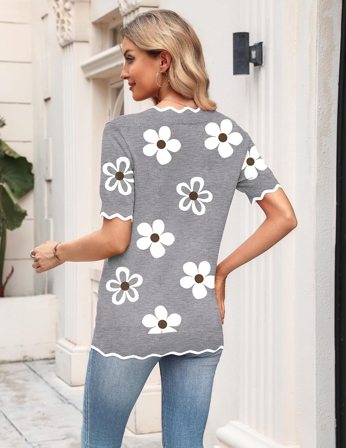 image:imageZeagoo Womens Short Sleeve Sweater 2026 Summer V Neck Tops Dressy BlousesAflower Grey