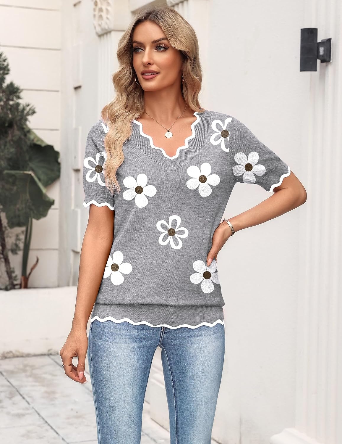 image:imageZeagoo Womens Short Sleeve Sweater 2026 Summer V Neck Tops Dressy BlousesAflower Grey
