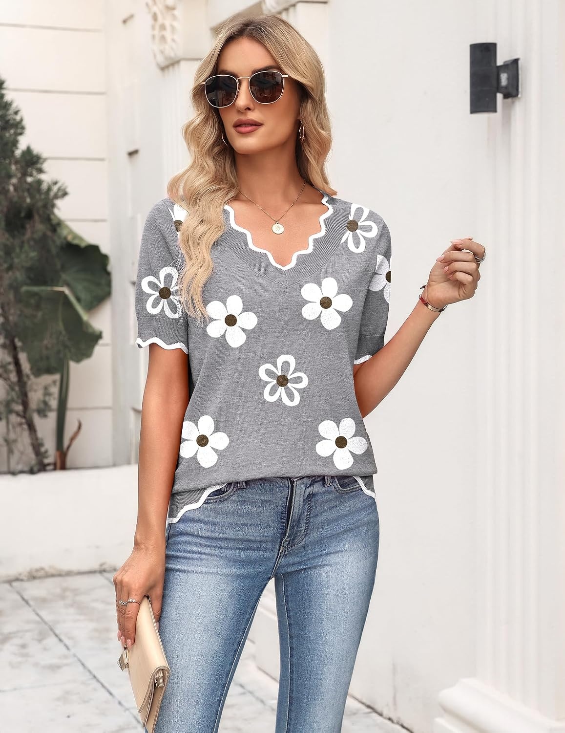 image:imageZeagoo Womens Short Sleeve Sweater 2026 Summer V Neck Tops Dressy BlousesAflower Grey
