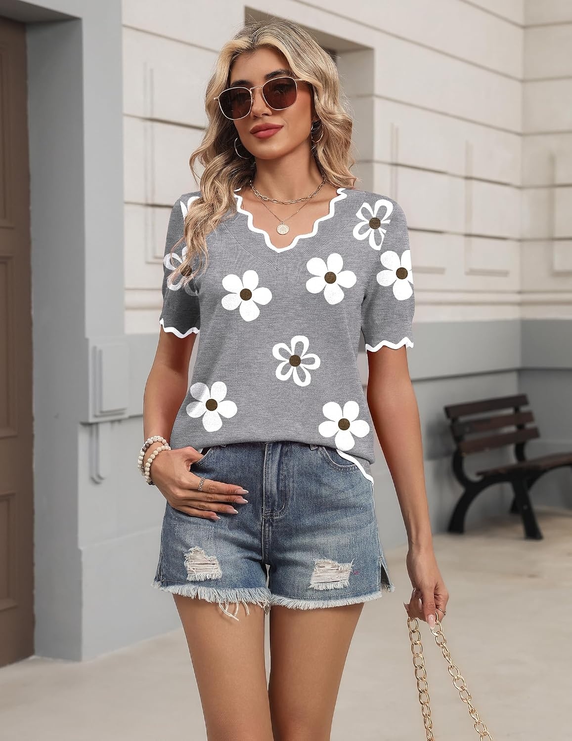 image:imageZeagoo Womens Short Sleeve Sweater 2026 Summer V Neck Tops Dressy BlousesAflower Grey