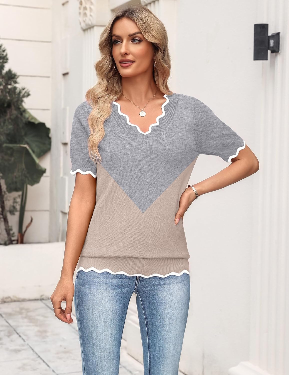 image:imageZeagoo Womens Short Sleeve Sweater 2026 Summer V Neck Tops Dressy BlousesAgreykhaki