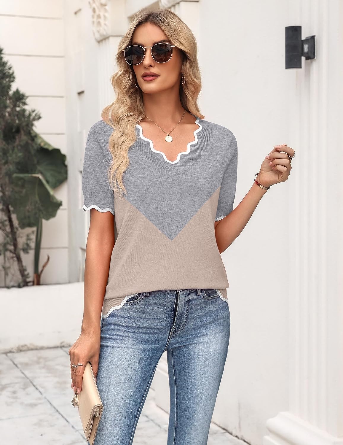 image:imageZeagoo Womens Short Sleeve Sweater 2026 Summer V Neck Tops Dressy BlousesAgreykhaki